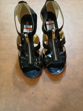 MICHAEL Michael Kors Black Patent Leather Zip-Strap Heels
